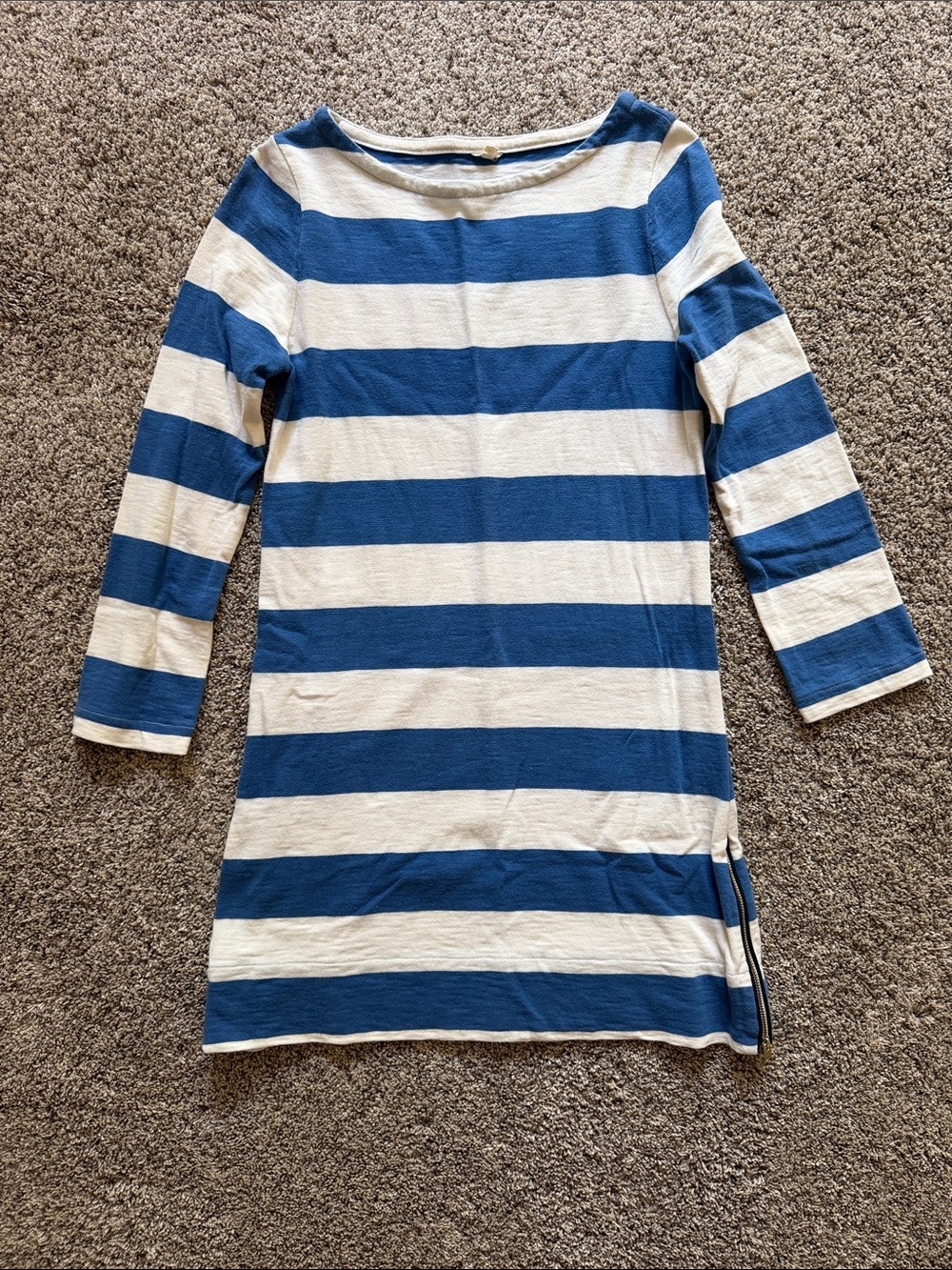 J. Crew midi White and Navy Striped dress w/ quarter sleeves